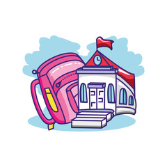 Sticker - school building with school bag isolated icon