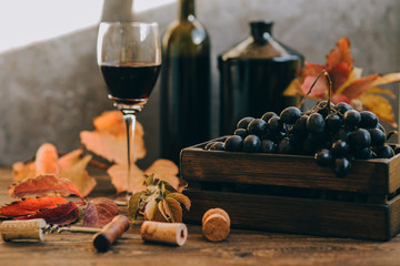 Wall Mural - Excellent red wine bottles, wineglass and corkscrew on a rustic wooden table. Traditional winemaking and wine tasting concept. Wine background. Red grapes in an old box with a corkscrew.