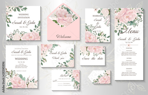 Leinwand Poster  Wedding invitation with flowers Peony and leaves, watercolor, isolated on white