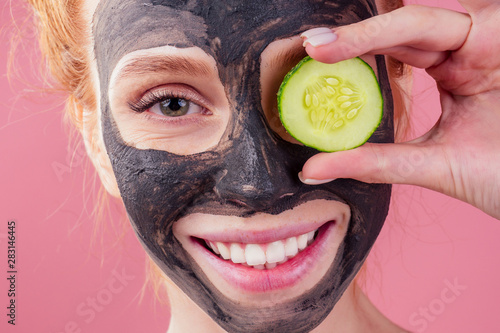 Download Redhead Ginger Female With Cucumber And Clay Mask On Her Pretty Face Snow White Smile In Studio Pink Background Buy This Stock Photo And Explore Similar Images At Adobe Stock PSD Mockup Templates