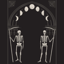 Grim Reapers With The Scythes In Front Of The Gothic Arch With Moon Vector Illustration. Hand Drawn Gothic Style Placard, Poster Or Print Design.
