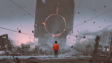 A Boy Looking At The Bridge That Reaches To The Abandoned Building With Mysterious Light, Digital Painting, Illustration Painting