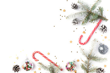christmas decorations. christmas, winter, new year concept. fir tree branches, pine cones, xmas ball