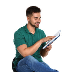 Sticker - Handsome young man reading book on white background