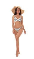 Poster - Pretty sexy woman with slim body in stylish striped bikini on white background