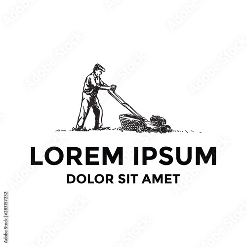 Fotomural  Strong wise old man mow the lawn on backyard logo