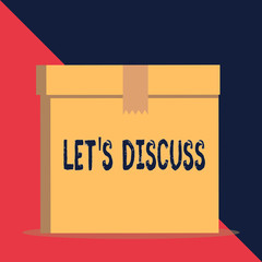 Writing note showing Let S Discuss. Business concept for asking someone to talk about something with demonstrating or showing Close up front view brown cardboard sealed box lid. Blank background