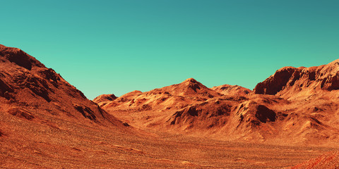 mars landscape, 3d render of imaginary mars planet terrain, science fiction illustration.