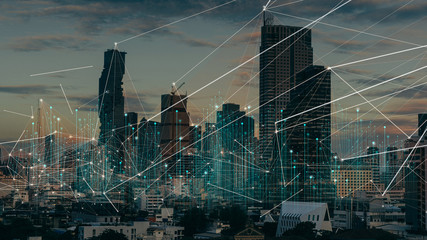 Fototapete - Wireless network and Connection technology concept covering on Abstract building city.
