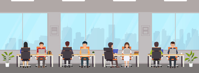 Modern office interior with employees. Creative office workspace with big window, desktop, laptop.