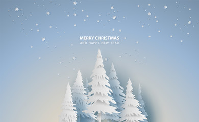 Wall Mural - Scenery Merry Christmas and New Year on holidays background with forest winter snowflakes season landscape.Creative graphic snowfall paper art and cut for card and postcard Vector Illustration. EPS10