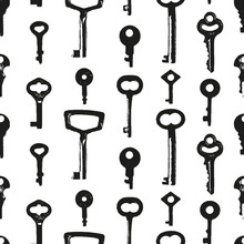 Vector Seamless Pattern Of Stamp Keys. Black Elements Isolated On White Background. Monochrome Textured Illustration Can Be Used For Wallpaper, Book Cover, Website Banner, Wrapping, Fabric Textile