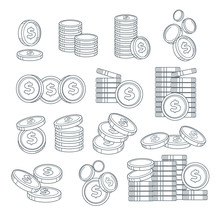 Coin Stacks Or Pennies Isolated Sketches, Banking Business, Cash