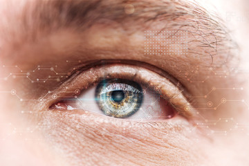 close up view of mature man eye with data illustration, robotic concept