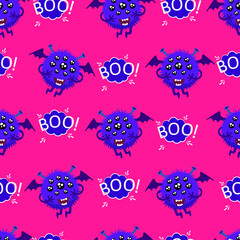 Wall Mural - Abstract seamless halloween pattern for girls or boys. Creative vector pattern with fluffy monster, with horns and a tail, basket for sweets in the form of a skull halloween. Funny pattern for textile