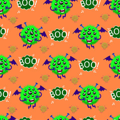 Wall Mural - Abstract seamless halloween pattern for girls or boys. Creative vector pattern with fluffy monster, with horns and a tail, basket for sweets in the form of a skull halloween. Funny pattern for textile