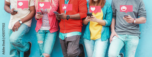 Cuadros en Lienzo Group of friends watching smart mobile phones - Teenagers addiction to new techn