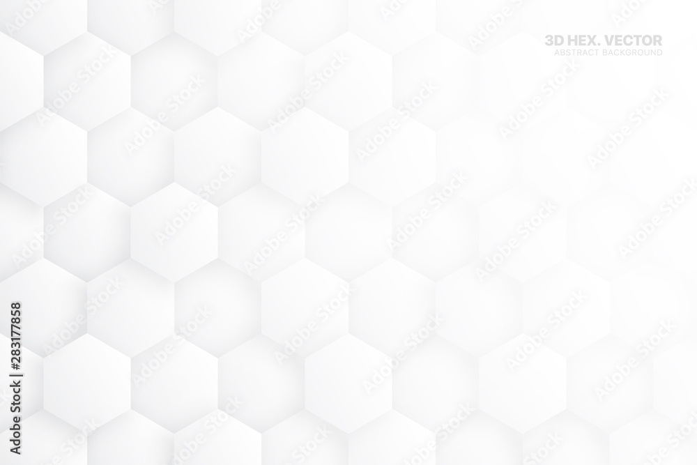 3D Vector Hexagonal Blocks Structure White Abstract Background. Three Dimensional Science Technologic Hexagons Light Conceptual Art Illustration. Clear Blank Subtle Textured Backdrop