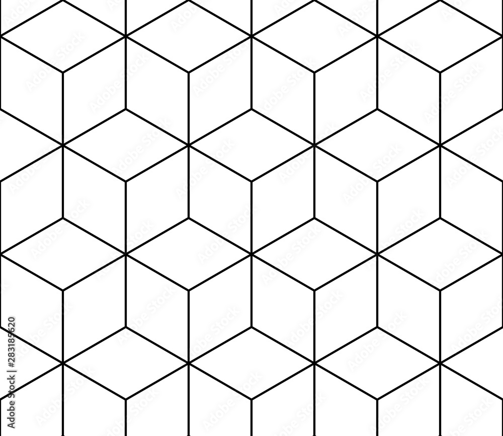 Isometric cube black line seamless pattern on white background. - obrazy, fototapety, plakaty 