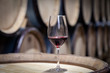 Closeup glass with red wine on background wooden wine oak barrel stacked in straight rows in order, old cellar of winery, vault. Concept professional degustation, winelover, sommelier travel