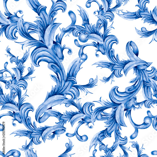 Dekoracja na wymiar  akwarela-niebieski-barok-kwiatowy-wzor-z-curl-ornament-rokoko-recznie-rysowane-zloty-zwoj-liscie-na-bialym-tle