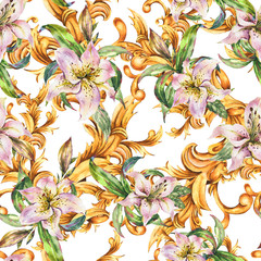 Wall Mural - Watercolor golden baroque seamless pattern  with white royal lilies. Hand drawn gold scrolls, flowers, leaves.