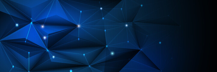 Illustration Abstract Molecules with Lines, Geometric, Polygon, Triangle pattern. Vector banner design network communication technology on dark blue background. Digital science technology concept