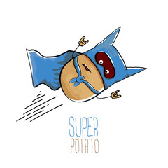 Wall Mural - vector funny cartoon cute brown super hero potato with blue hero cape and hero mask isolated on white background. My name is potato vector concept. super vegetable food character