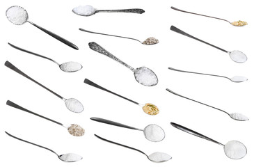 collection from metal spoons with various salts