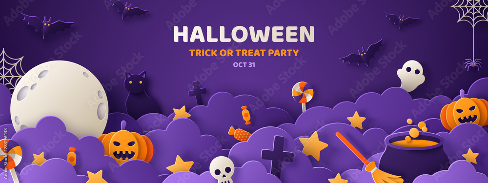 Halloween violet paper cut banner - obrazy, fototapety, plakaty 