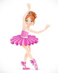 Cartoon ballerina girl in pink dress dancing isolated on a white background