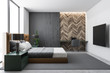 Gray and wood bedroom interior with TV