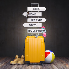 Wall Mural - Yellow suitcase and signpost with travel destination.Tourism and  travel concept background.