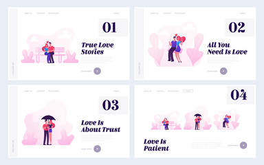  Loving Couples Website Landing Page Set. Young People in Love Spend Time Together Riding Swing, Walking in Rainy Weather, Hugging and Kissing on Bench Web Page Banner. Cartoon Flat Vector Illustration