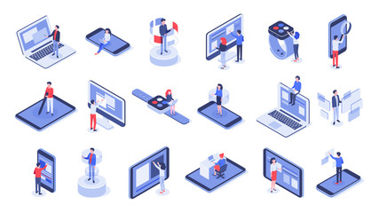 isometric user interface. online office, device interactions and touch mobile interfaces. message sh