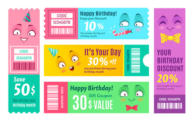 Happy birthday promo voucher. Anniversary coupon, happy gift vouchers and smiling promo code coupons template. Kawaii manga face birthday shopping certificate. Isolated vector symbols set