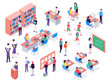 © Tartila - Isometric school. Childrens and teacher in classroom, students in schools library and education classroom. Pupils social communication on math lesson. Isolated vector 3d illustration icons set