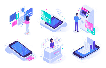 Isometric online cashier. Cash register terminal purchase checkout, sales outlet with buyers and atm customer. Banking payment cashier services. Isolated vector illustration icons set