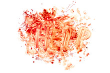 Blood Splatter With Word HELP Isolated On White Background In Top-down Flat Lay Perspective