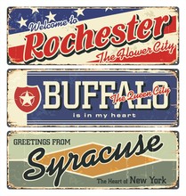 New York Tin Enamel Sign. Vintage City Label. Vintage Tin Sign Collection With US Cities. Rochester. Buffalo.Syracuse. Retro Souvenirs Or Postcard Templates On Rust Background From New York State.