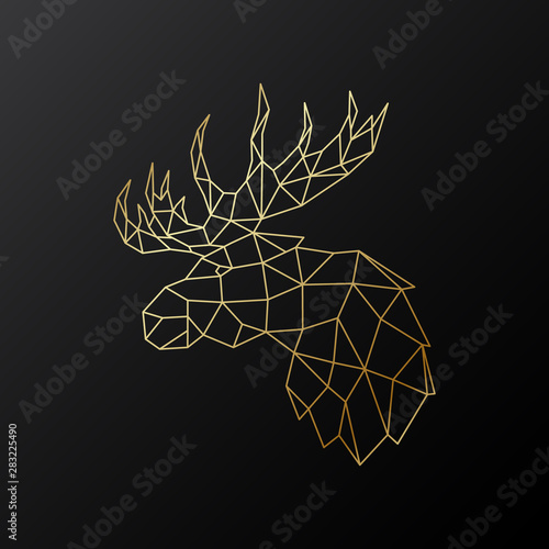 Golden polygonal Elk illustration isolated on black background Poster Mural XXL