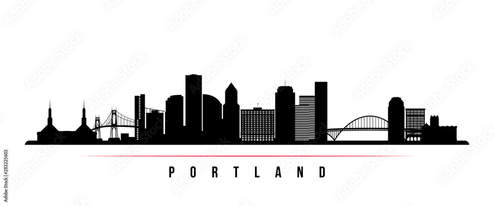 Portland City skyline horizontal banner. Black and white silhouette of Portland City, Oregon. Vector template for your design. - obrazy, fototapety, plakaty 