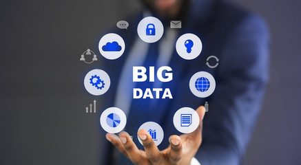 Poster - Big data network with all content in businessman hand