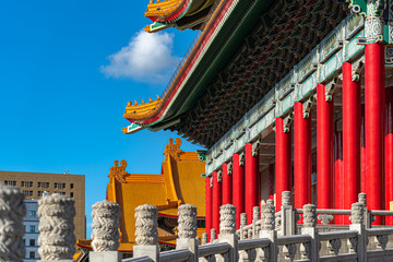 Close-up view of The National Theater of Taiwan, a chinese style architecture inside the National Taiwan Democracy Memorial Hall area ( National Chiang Kai-shek Memorial Hall ). Taipei, Taiwan