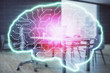 © Andrey - Brain sign hologram with minimalistic cabinet background. Double exposure. Ai concept.