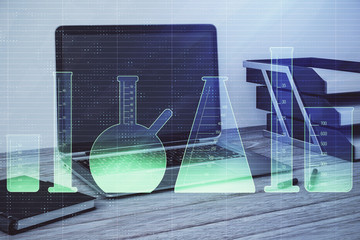 Laboratory flasks sketch hologram with desktop office background. Double exposure. Concept of education
