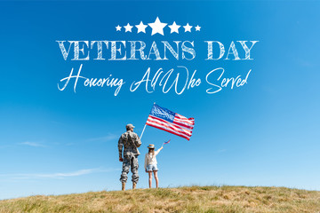 Poster - back view of kid in straw hat and military father holding american flags with veterans day, honoring all who served illustration