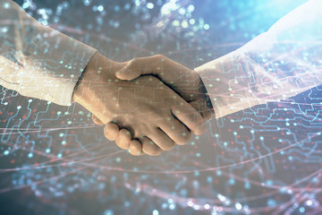 Double exposure of tech drawing on abstract background with two men handshake. Concept of technology in modern business