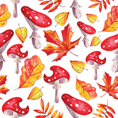 Watercolor seamless background. Red, bright fly agarics in leaves on a white watercolor background. Forest mushrooms. Mystical, fabulous, fun style. Bright hand-drawn background for packaging,