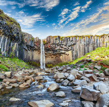 Amazing View Of Svartifoss Waterfall With Basalt Columns On South Iceland.